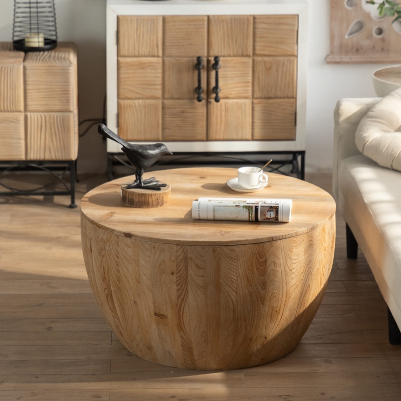 Coffee Table Tapered Drum with Vertical Wood Grain Finish