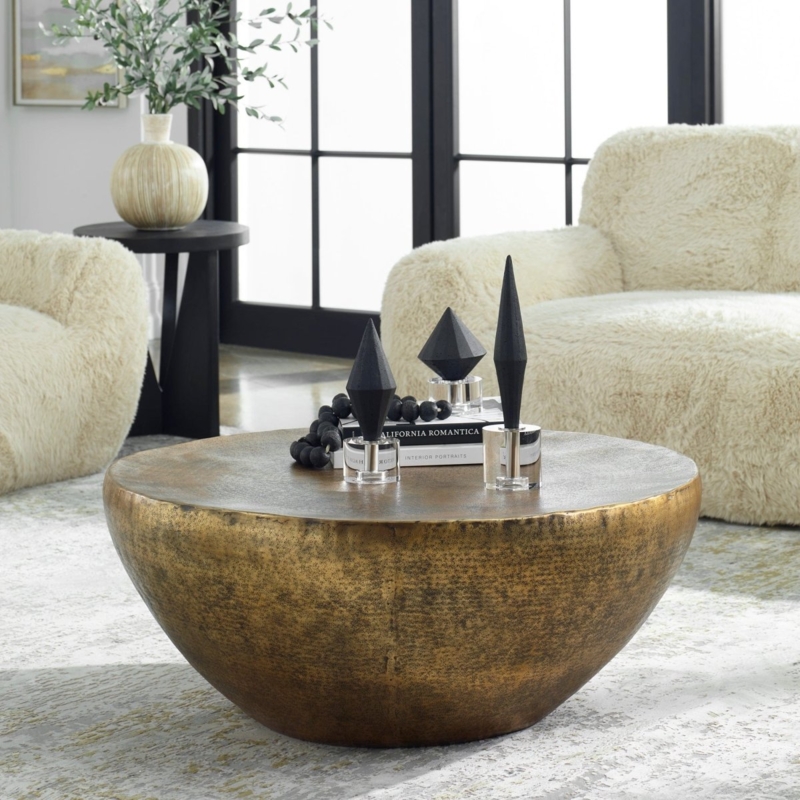Coffee Table Textured Gold Dome Shape Hammered Metal Low Profile
