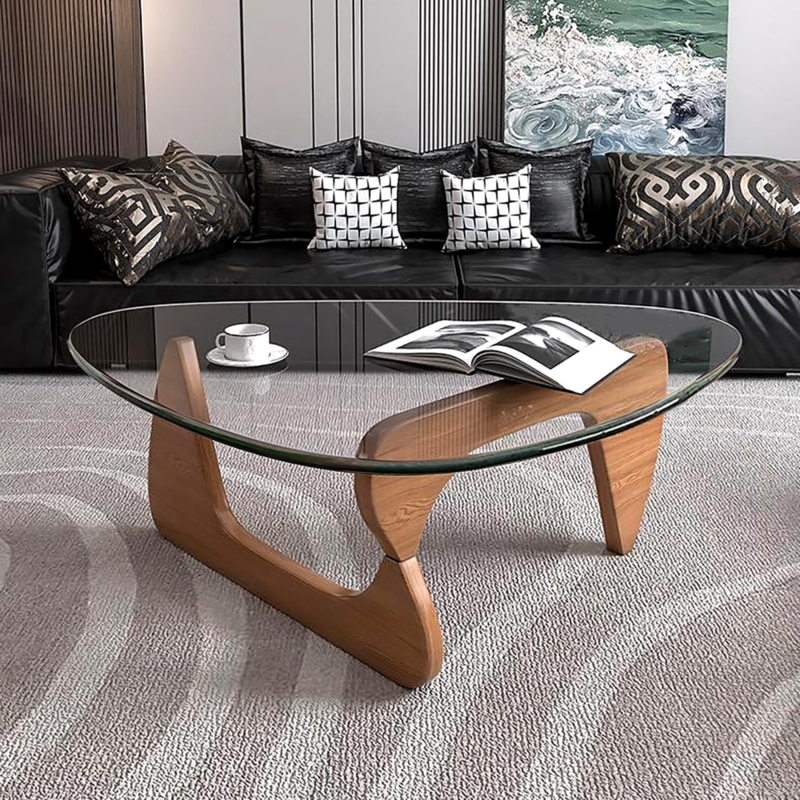 Coffee Table Thick Glass Triangular Top Wood Base Noguchi Style
