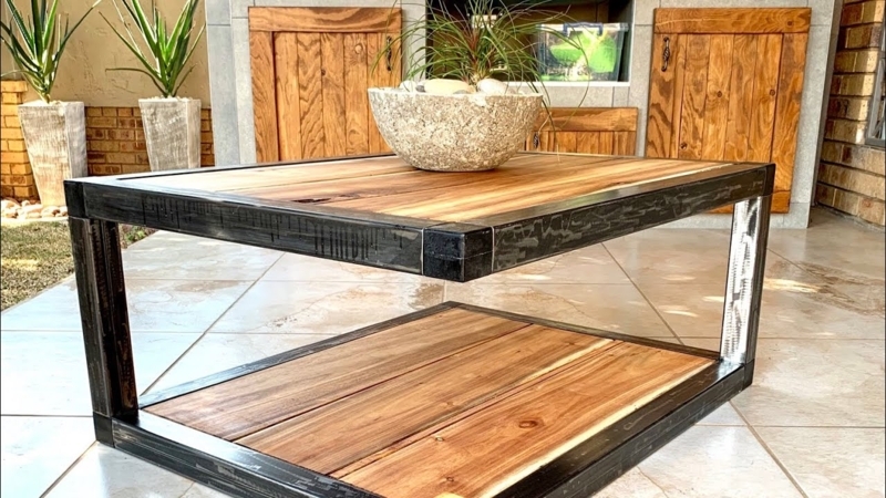 Coffee Table Thick Wood Slab Top with Asymmetrical Two-Leg Base