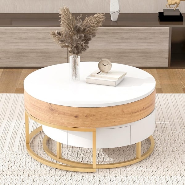 Coffee Table Tiered Design White Wood Gold Pedestal Base