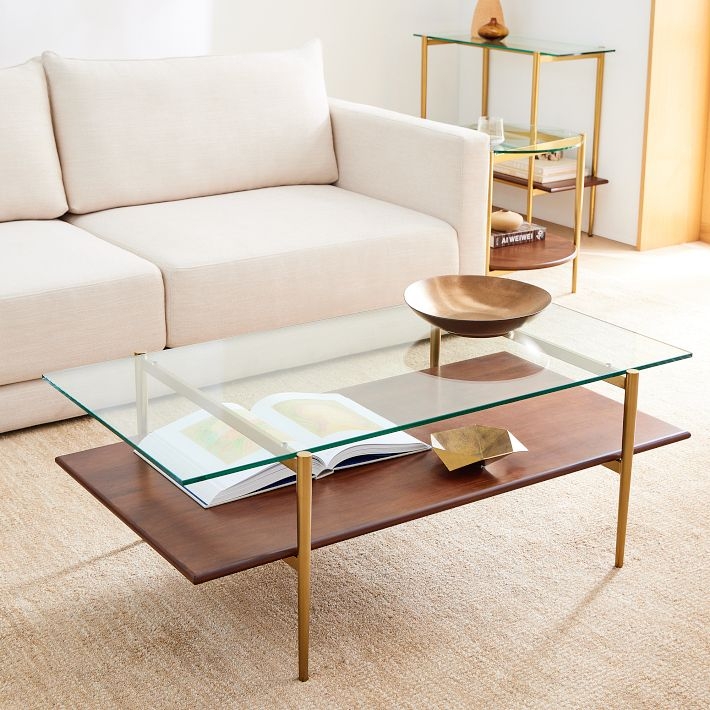Coffee Table Tiered Glass and Wood Shelf Brass Metal Frame