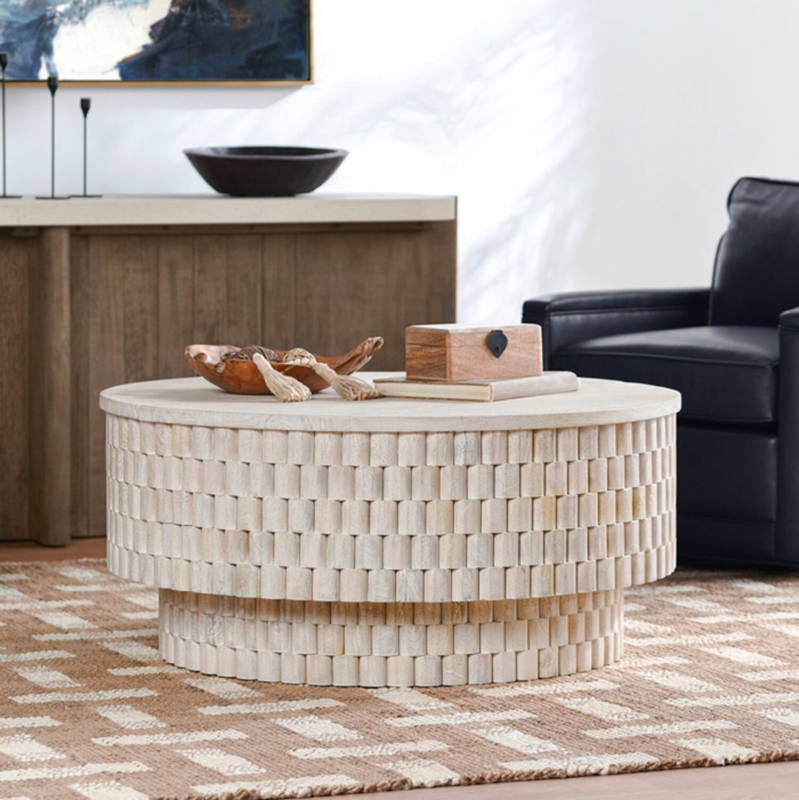 Coffee Table Tiered Whitewashed Drum with Ribbed Slat Texture