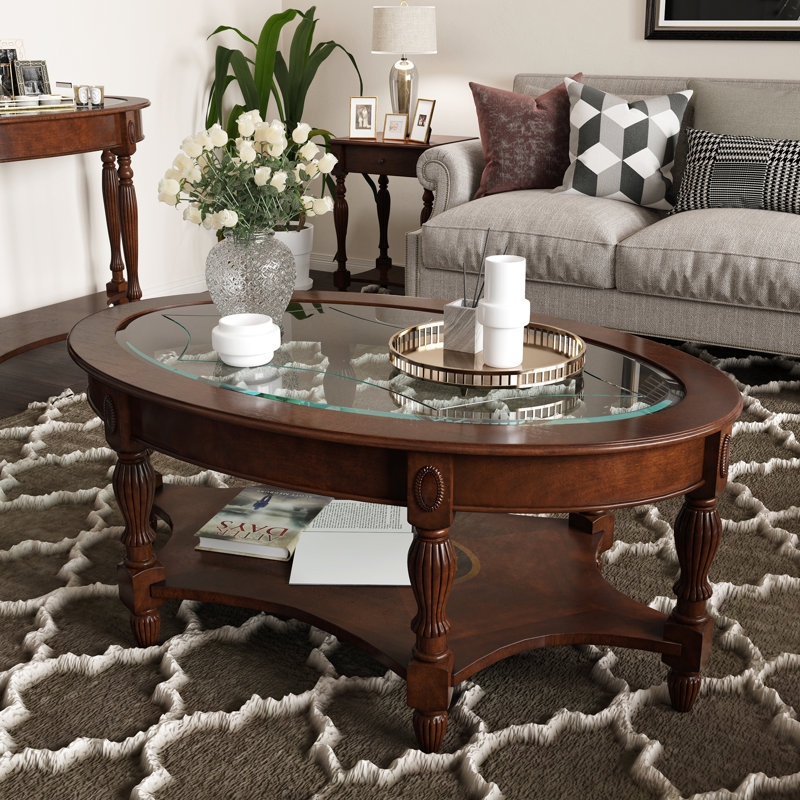 Coffee Table Traditional Oval Glass Insert Slatted Shelf Espresso