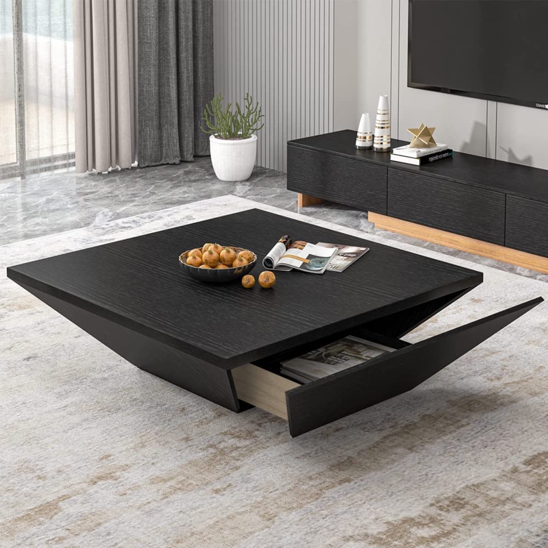 Coffee Table Trapezoidal Base Black Wood Grain Storage