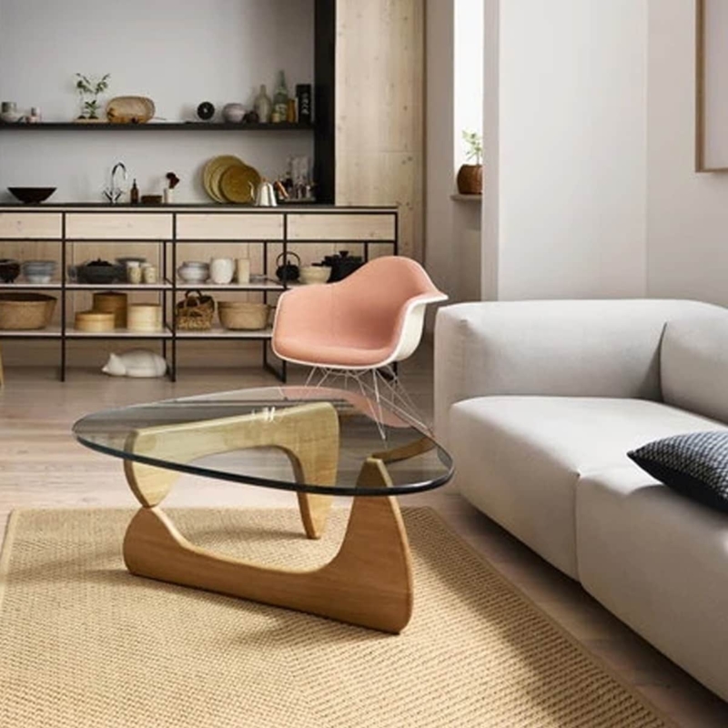 Coffee Table Triangle Glass Top Sculptural Wood Frame MCM