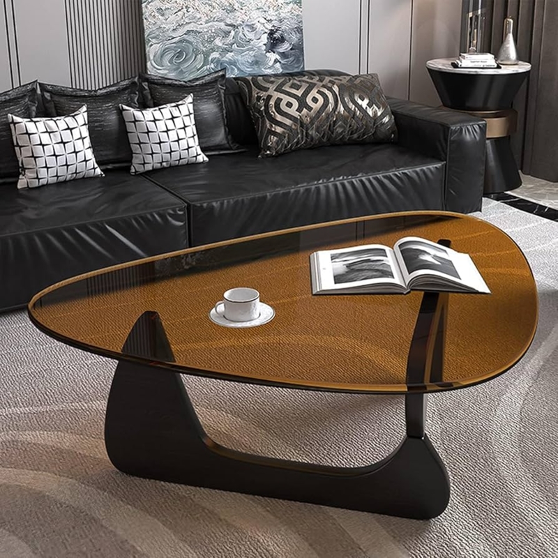Coffee Table Triangular Amber Tinted Glass Top Sculptural Base