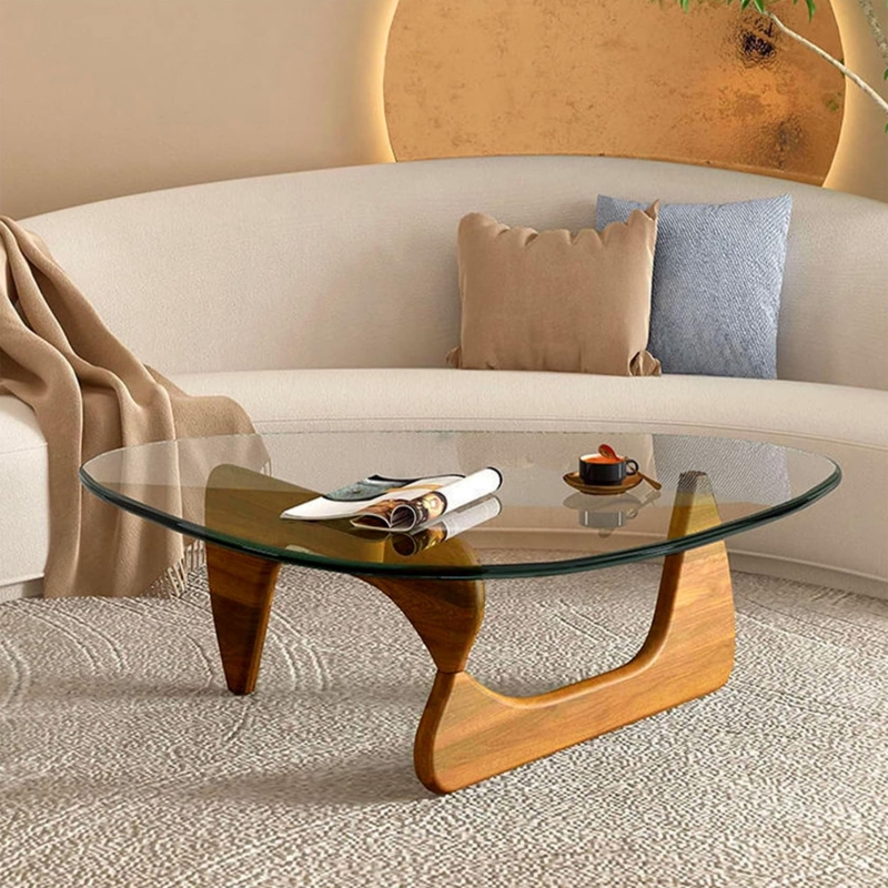 Coffee Table Triangular Glass Top Walnut Sculptural Base MCM