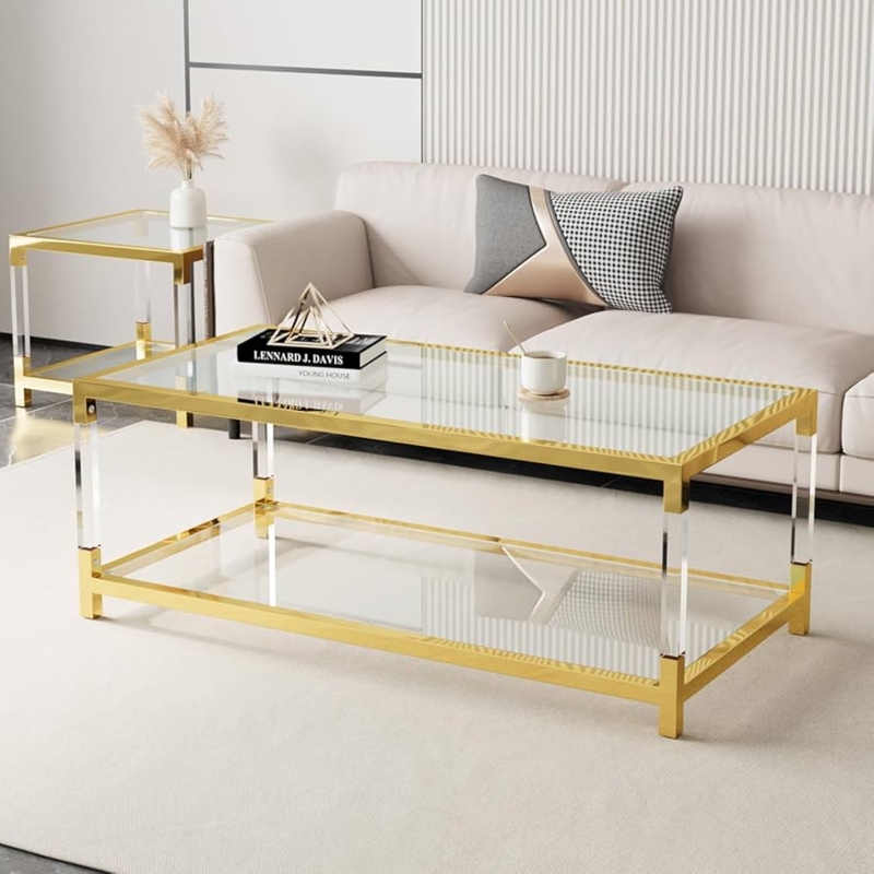 Coffee Table Two Tier Glass Acrylic Legs Gold Trim
