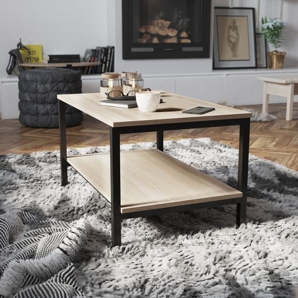 Coffee Table Two Tier Metal Frame Wood Shelves Industrial Style