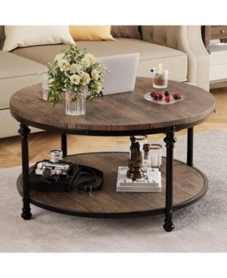 Coffee Table Two-Tier Rustic Wood with Industrial Metal Frame