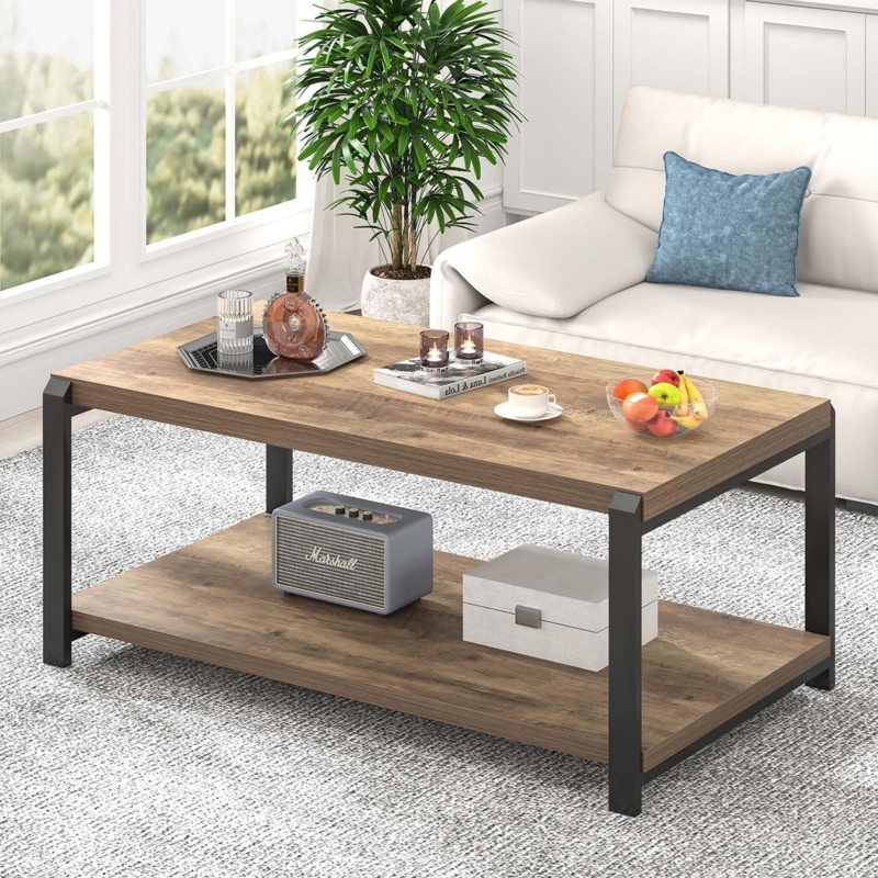 Coffee Table Two Tier Storage Oak Toned Finish Black Metal Frame