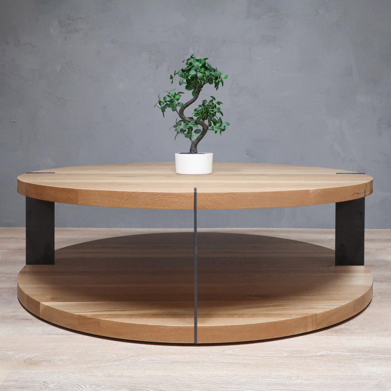 Coffee Table Two Tier Thick Wood Slabs Metal Inlay Industrial