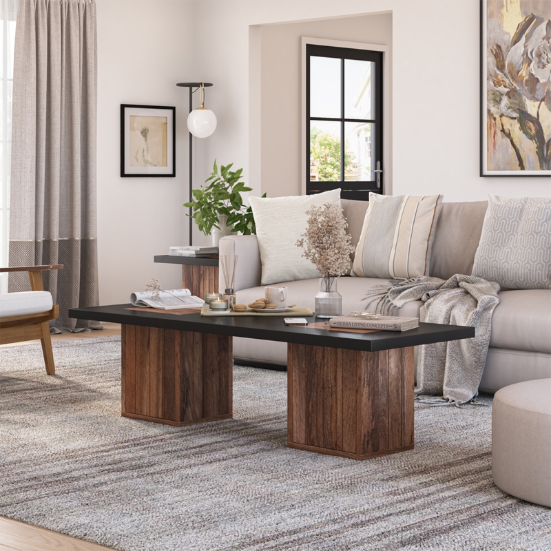 Coffee Table: Two-Tone Black Top with Wood Pedestal Base