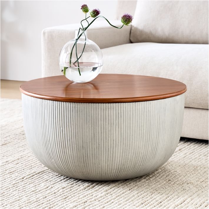Coffee Table Two-Tone Wood Top with Stone-Look Ribbed Base