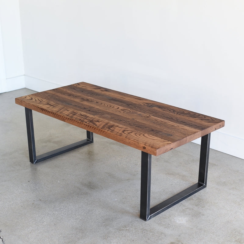 Coffee Table U-Shaped Metal Legs Thick Wood Toned Planks Rustic Modern