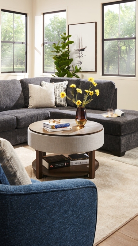 Coffee Table Upholstered Drum Wood Lift Top With Shelf
