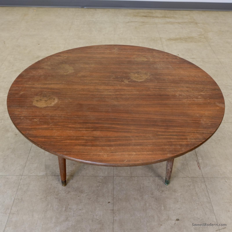 Coffee Table Vintage Walnut Round Wood Tapered Legs Metal Tips