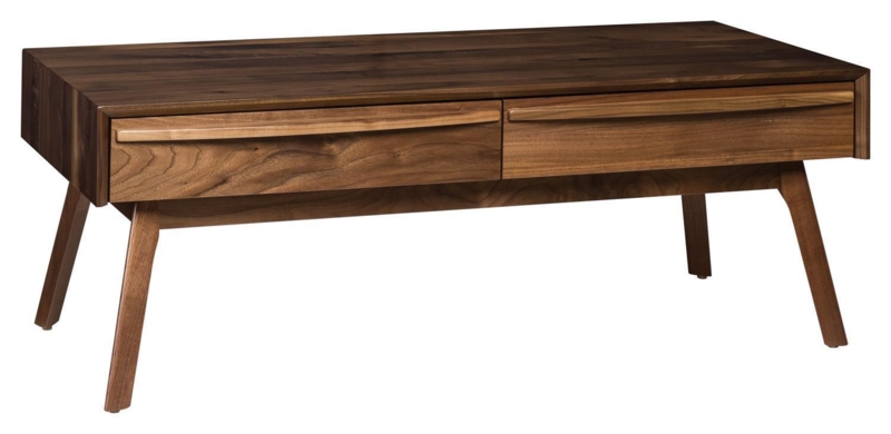 Coffee Table Walnut Finish Two Drawers Integrated Pulls Retro Wood Design