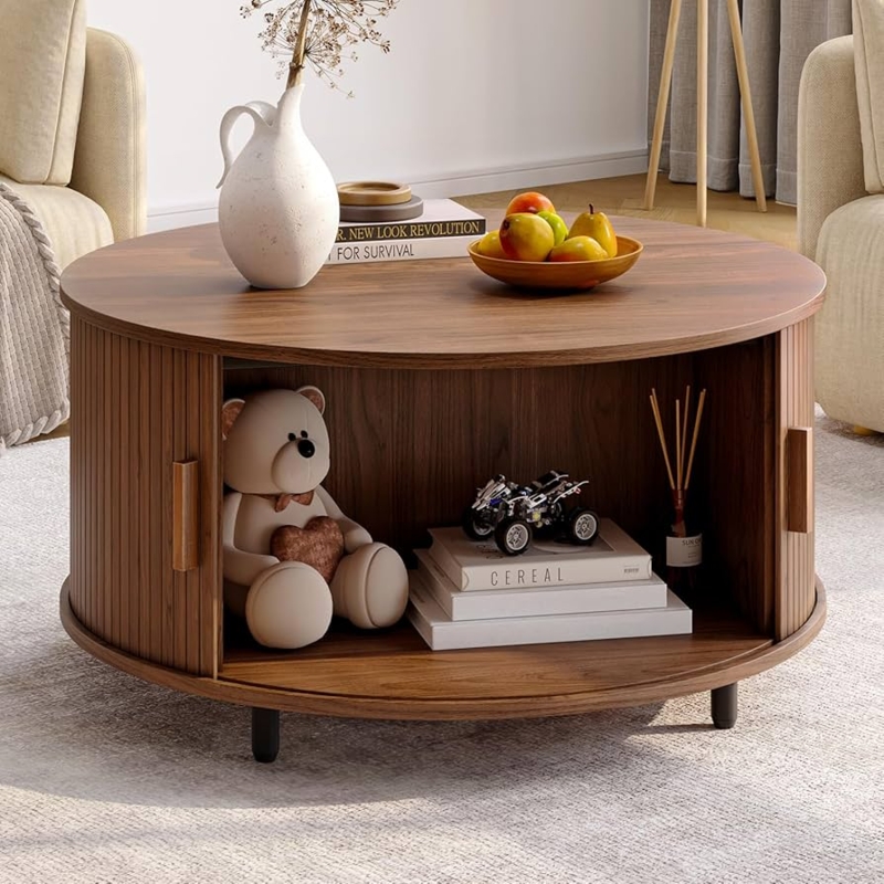 Coffee Table Walnut Fluted Drum with Tambour Sliding Doors