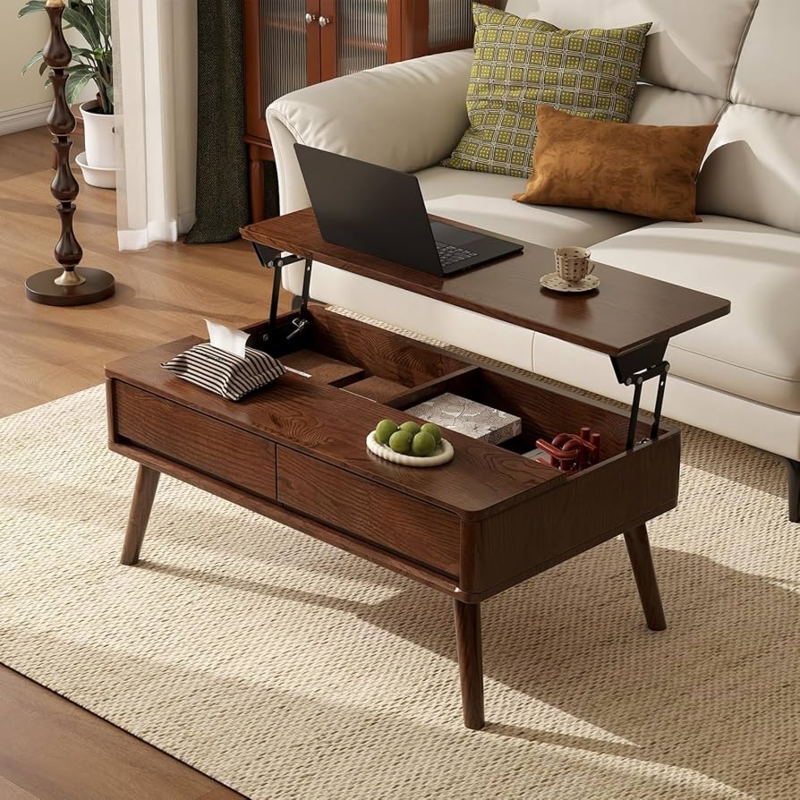 Coffee Table Walnut Lift Top Tapered Legs Internal Storage