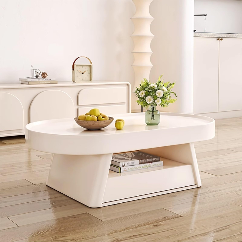 Coffee Table White Oval Minimalist Pedestal Base Storage Drawer