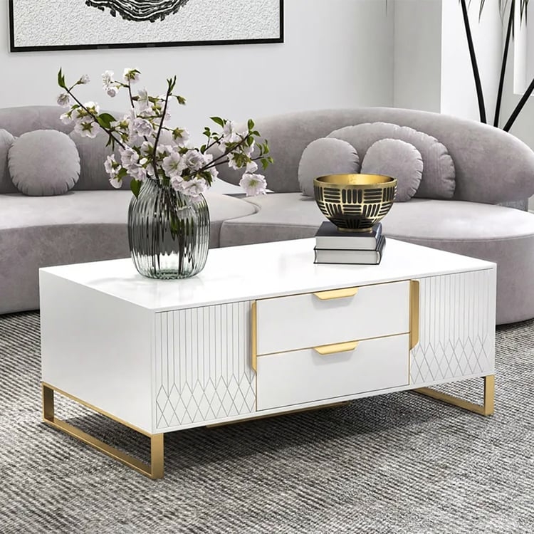 Coffee Table White Rectangular Gold Legs Cabinet Storage