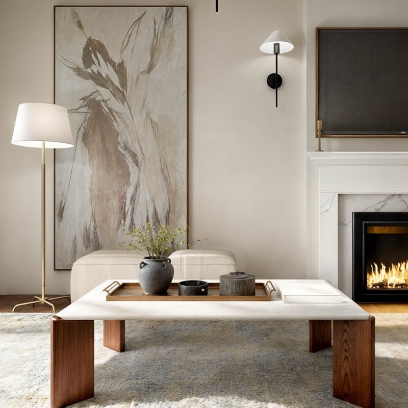 Coffee Table White Stone Top Wood Block Legs Modern Design