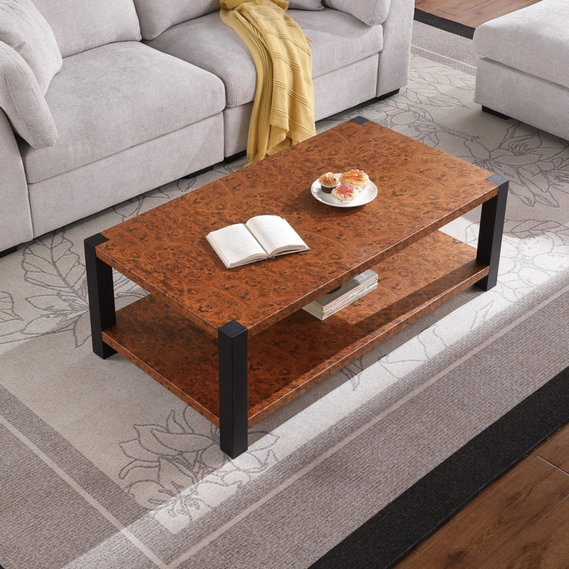 Coffee Table with Burl Wood Grain and Black Metal Frame