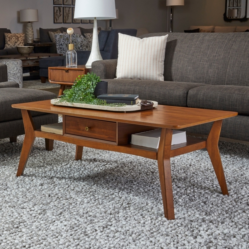Coffee Table with Central Drawer, Warm Brown Tapered Legs Mid Century