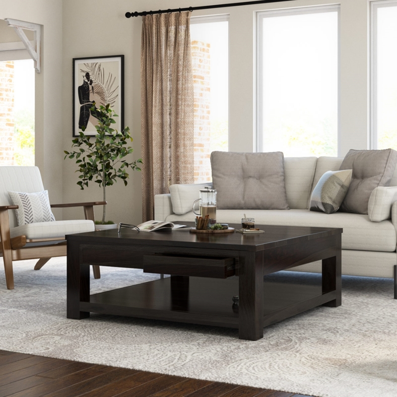 Coffee Table With Central Storage Drawer Dark Espresso Open Shelf