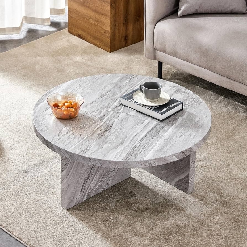 Coffee Table with Cross Base, Round Gray Marbled Pattern Stone Look Top