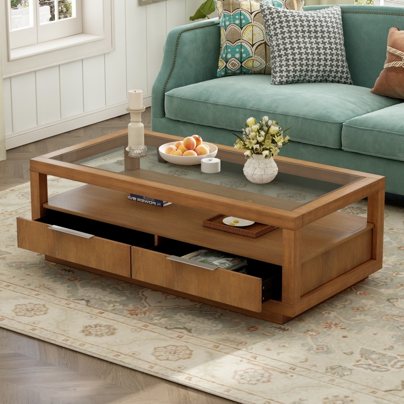 Coffee Table with Glass Inset Top and Tiered Storage Drawers