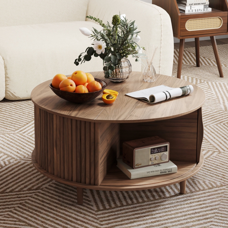 Coffee Table with Integrated Storage and Ribbed Wood Base