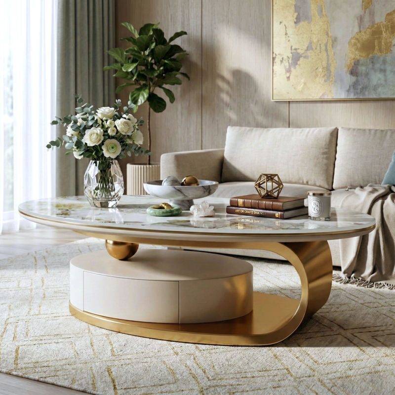 Coffee Table with Integrated Storage Tier and Stone-Like Top