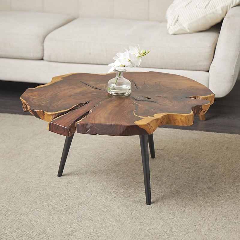 Coffee Table with Live Edge Top, Metal Sled Base, Industrial Rustic