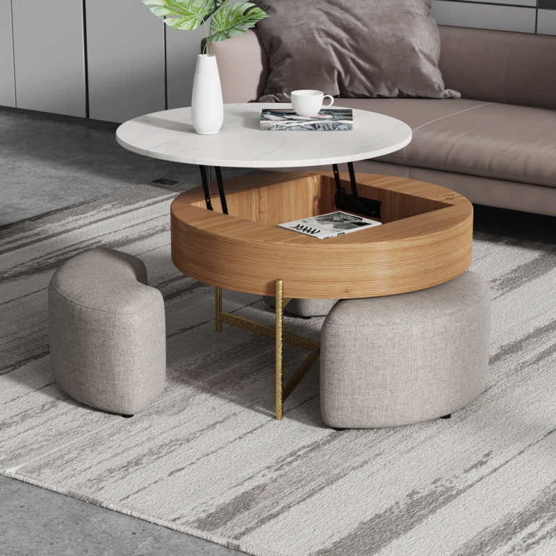 Coffee Table with Nesting Stools Stone-Like Lift Top
