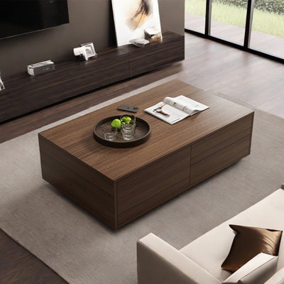 Coffee Table with Plinth Base & Integrated Drawers in Dark Wood Grain