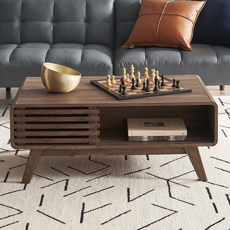 Coffee Table with Slatted Door, Mid-Century Modern Walnut Storage