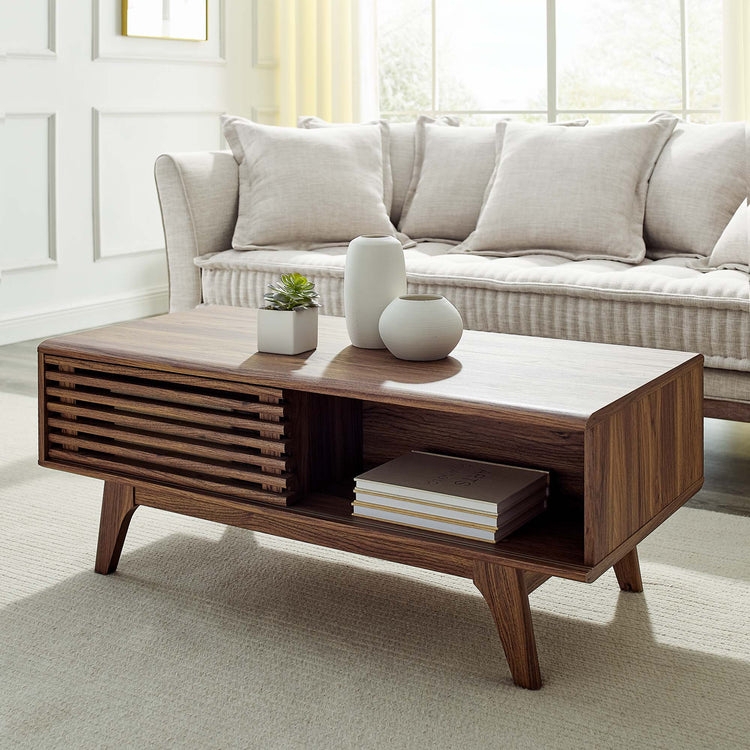 Coffee Table with Slatted Sliding Door Walnut Finish Mid Century Style