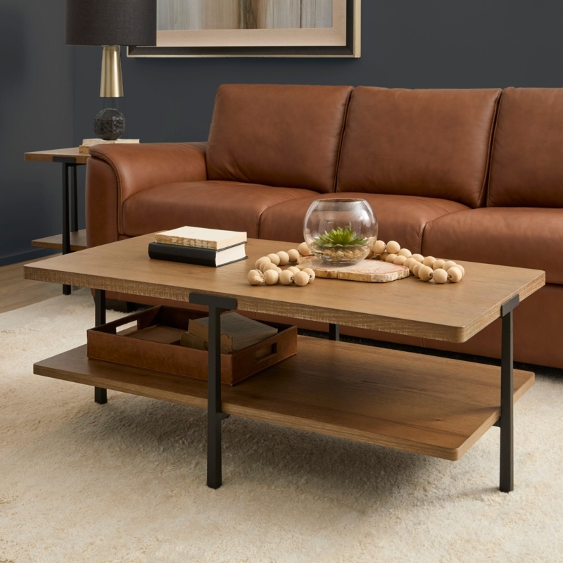 Coffee Table with T-Shaped Metal Frame and Thick Planks