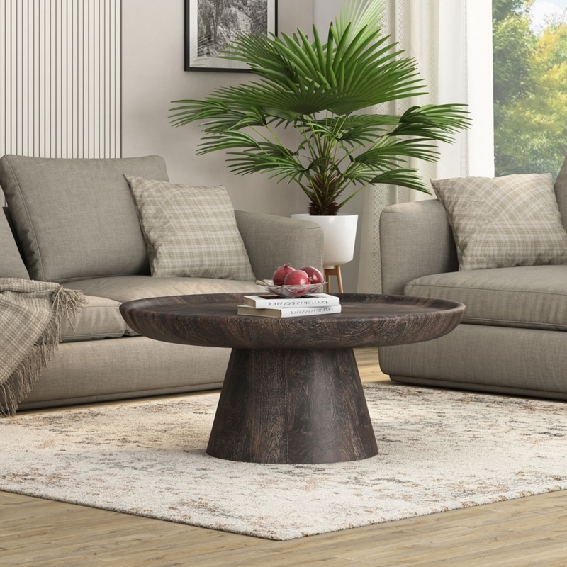 Coffee Table with Tray Top Edge and Pedestal Base, Dark Wood Grain Finish