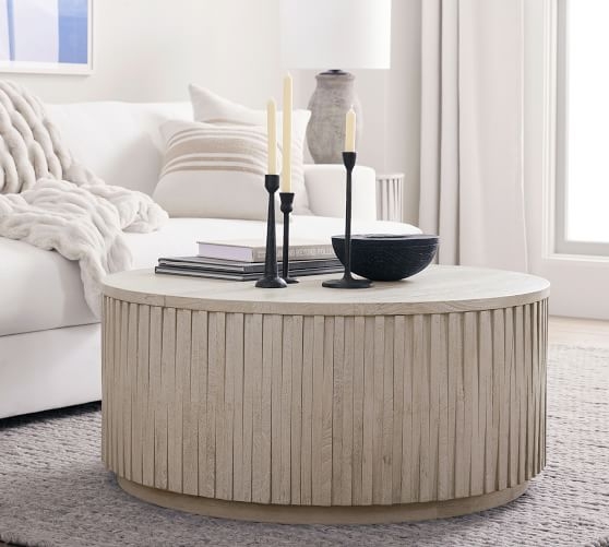 Coffee Table with Vertical Ribbed Sides, Round Whitewashed Drum Base