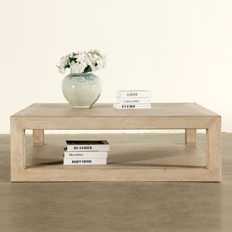 Coffee Table with Weathered White Wash Finish and Thick Framed Shelf