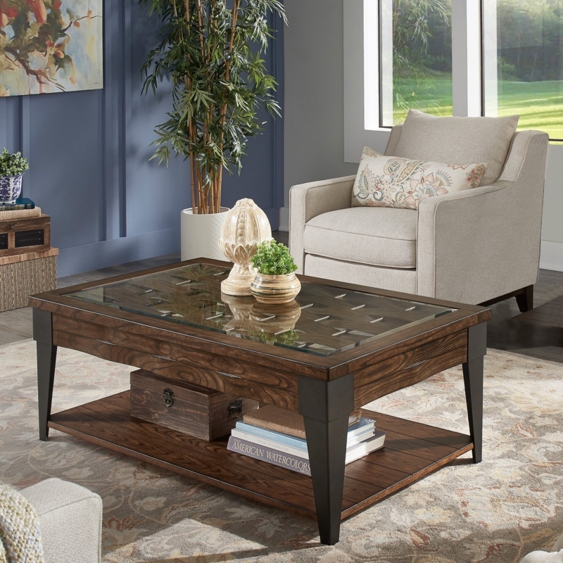 Coffee Table Woven Wood Under Glass Top Dark Metal Legs Two Tier