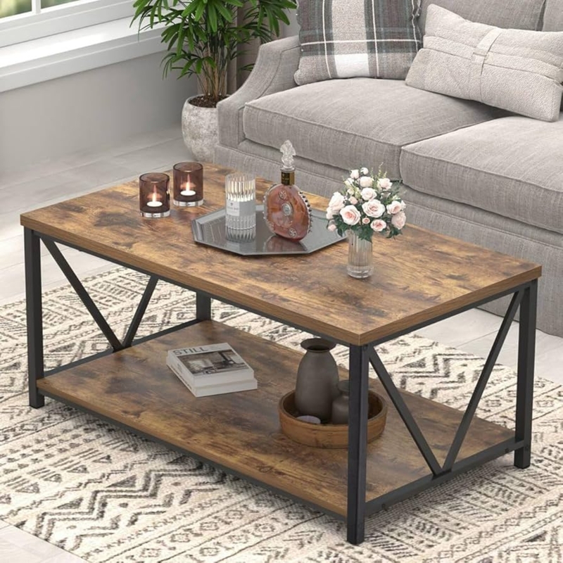 Coffee Table X Frame Rustic Wood Two Tier Storage Shelf