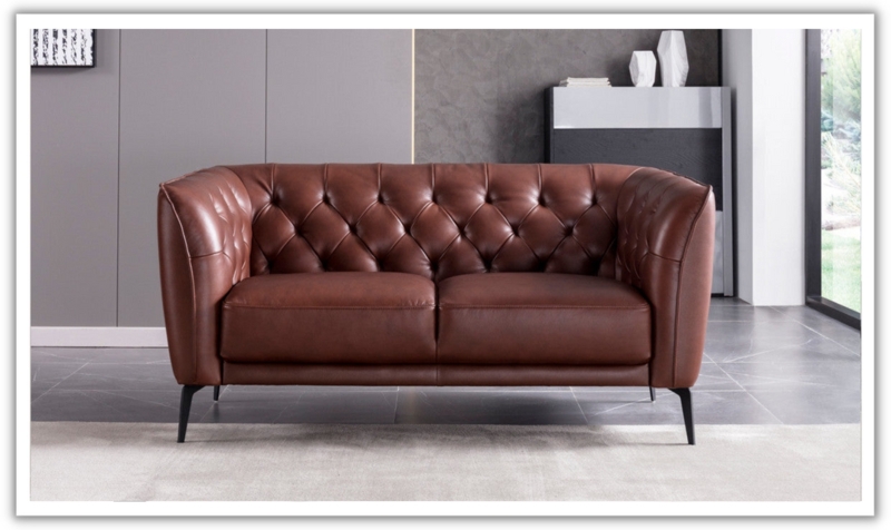 Cognac Brown Loveseat, Diamond Tufting, Slim Black Legs