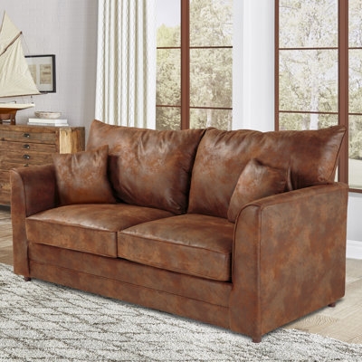 Cognac Brown Microfiber Sofa with Track Arms and Distressed Texture