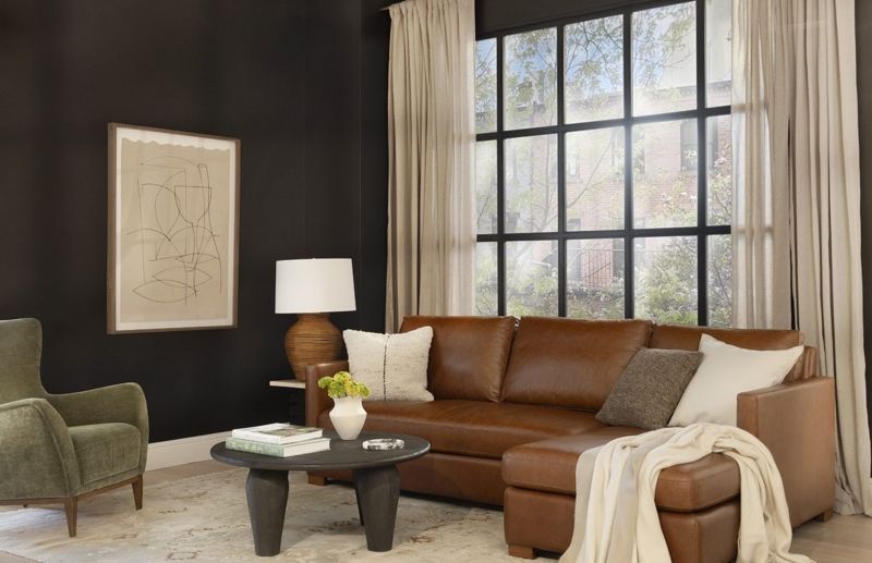 Cognac Leather-Like Sectional Sofa in Moody Living Room