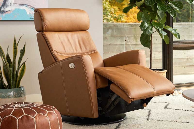 Cognac Power Recliner with Swivel Base and Leather-Like Finish